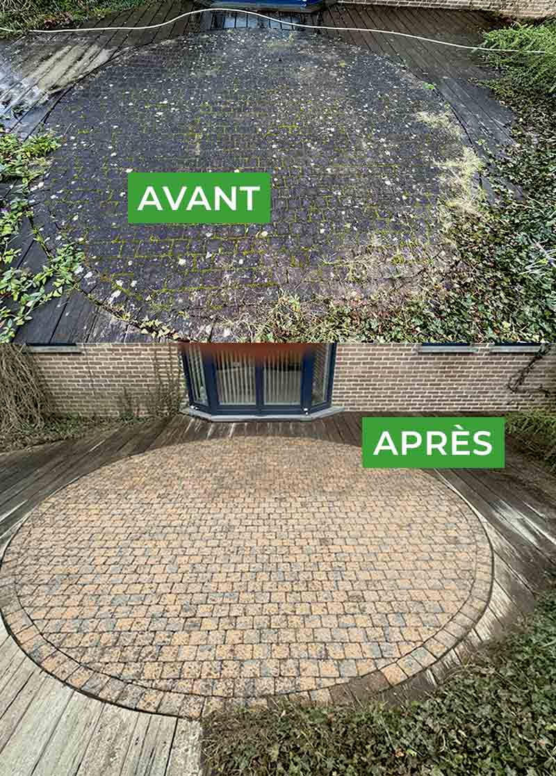 NETTOYAGE DES EXTÉRIEURS - LES ANGES DES TOITS en Belgique : région Wallonne, Flamande, Bruxelles : Nettoyage de vos pavés, klinker, dallage en pierre bleue, muret, terrasse à la vapeur et le nettoyage de pavé à la main ... le traitement anti-mousse fongicide, algicide, anti-bactérien … résine hydrofuge incolore .
